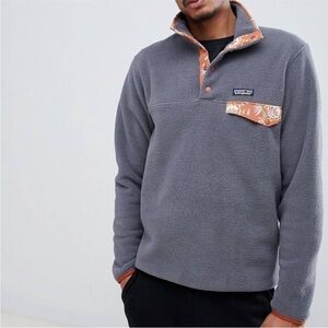 Patagonia Synchilla Gray Fleece with Patterned Trim